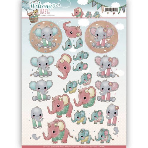 3D-Knipvel - Yvonne Creations - Welcome Baby - Little Elephants